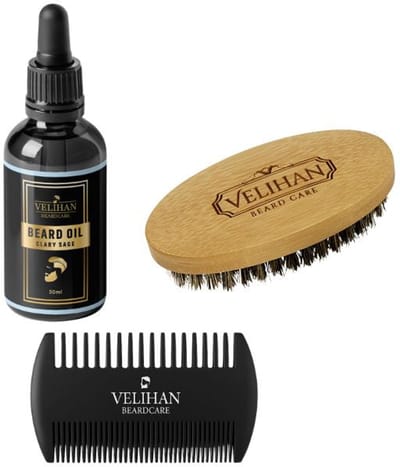 Velihan Beardcare - Baardverzorging Trio Pack - Baardolie Clary Sage 30ml, Baardborstel en Baardkam - Baardverzorging set - Cadeau voor hem - Baardverzorging - Baard olie - Cadeau voor vriend - Baardgroei