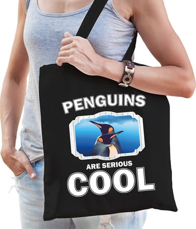 Dieren pinguin katoenen tasje volw + kind zwart - penguins are cool boodschappentas/ gymtas / sporttas - cadeau pinguins fan