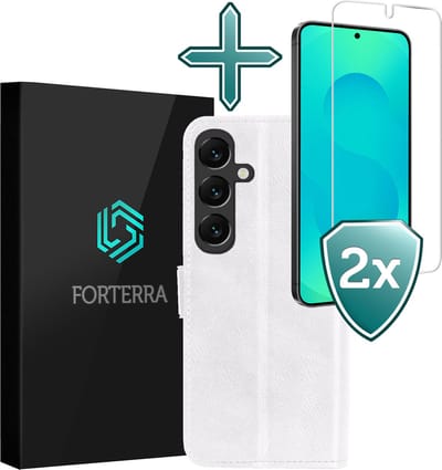 Hoesje Met 2x Screenprotector - Geschikt voor Samsung Galaxy S25 - Luxe Pasjeshouder - Flip Case - Bookcase Portemonee - Kunstleer Book Case - Flipcase Hoes - Book Cover - Walletcase - Portemonneehoes - Wit