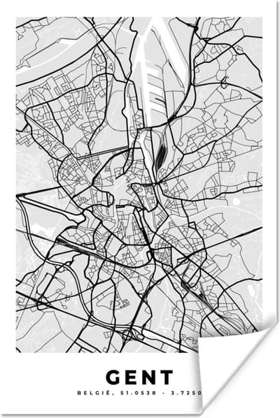 Poster Plattegrond – Gent – Zwart Wit – Stadskaart - Kaart - 120x180 cm XXL