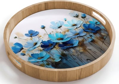 Dienblad rond 40x40 cm - Schootdienblad hout - Bloemen - Schilderij - Blauw - Borrelplank rechthoek - Plateau houten dienbladen