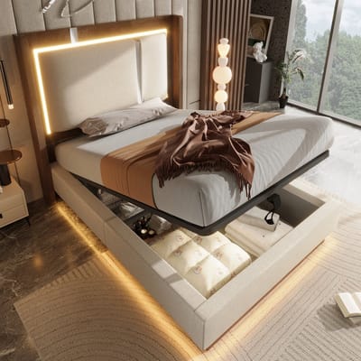 OKWISH Gestoffeerd Bed 90x200 cm - Met LED Verlichting En Hydraulische Opbergruimte - Retro Stijl - Zonder Matras - Beige