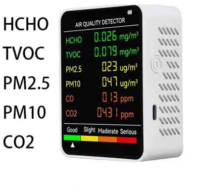 Luchtkwaliteitsmonitor - 6 functies - Detecteert PM2.5, PM10, HCHO, TVOC, CO, CO2 - Geschikt voor het monitoren van de binnenlucht, het testen van kantoorruimtes, het inspecteren van de lucht in auto's en het monitoren van de buitenomgeving - Wit
