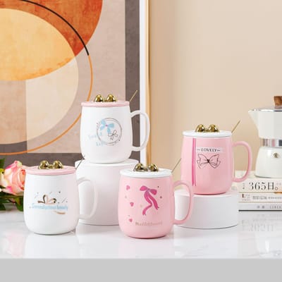 Meisjes Hart Roze Deksel Strik Keramische Mok Meisjes Keramische Mok Kantoor Set met Lepel Mok Schattig 450ML white