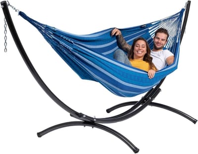 Hangmat met frame - Dubbele hangmat - Ontspannen in tuin - XXL formaat 200kg - 400 cm frame - Wit ecru