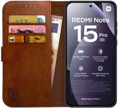 Rosso Element Geschikt voor Xiaomi Redmi Note 15 Pro 5G | Wallet Book Case | Portemonnee Hoesje | 3 Pasjes | Magneetsluiting | Stand Functie | Bruin