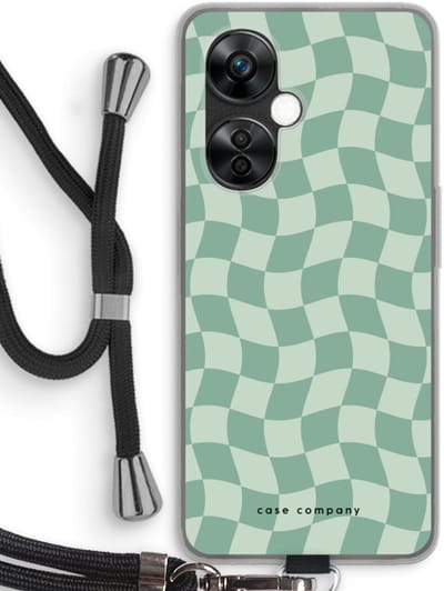 Case Company® - Hoesje met koord geschikt voor OnePlus Nord CE 3 Lite hoesje met Koord - Grid Groen - Telefoonhoesje met Zwart Koord - Bescherming aan alle Kanten en Over de Schermrand