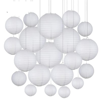 Hangende papieren lantaarns 20 stuks Mix Size Papieren Bal Lampion Opknoping Wit Bruiloft Decoratie Papier Lantaarns Lampenkap Party Decor