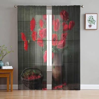 Klaprozen Rood Stilleven Tule Gordijnen Woonkamer Keuken Chiffon Gordijn Slaapkamer Balkon Transparant Gordijn Mode Huisdecoratie 135W x 114H(cm) black