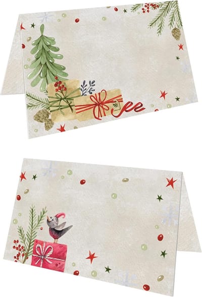Kerstkaarten - Naamkaartjes - Tafel Decoratie - Handgeschreven Ontwerp - 8.5 x 5.5 cm - Rood Groen Beige