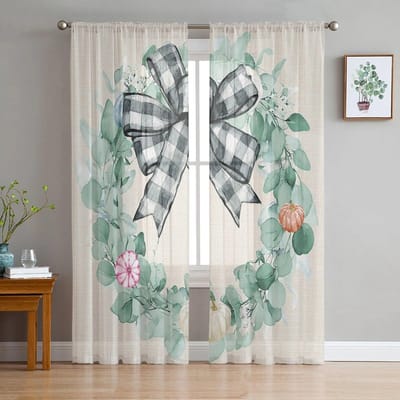 Herfst Thanksgiving Eucalyptus Pompoen Slaapkamer Transparante Dunne Gordijnen Vakantiedecoratie Raam Voile Tule Gordijn 135W x 114H(cm) gray