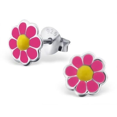 Aramat Jewels | Oorbellen | 925 Zilveren Bloem Oorbellen met Emaille Diverse Kleuren - Bloemetjes | Donker Roze/Geel-7mm | |7mm | Zilver | Kinderen, Volwassenen | Verkleurd niet