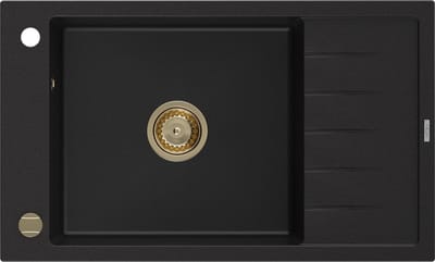 Mexen Elias granieten spoelbak 1-kamer met afdruiprek 795 x 480 , zwart, gouden sifon - 6511791005-77-G