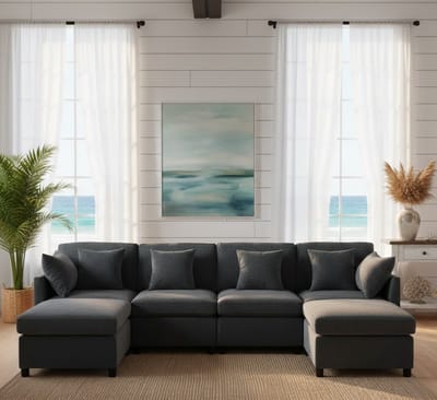 Luxe Moderne 4-zitsbank met Console, 2 Bekerhouders, 2 USB-oplaadpoorten, Armleuningvakken en Comfortabele Kussens – Grijze Linnen Stoffen Bank voor Woonkamer, Huis en Kantoor House&Garden