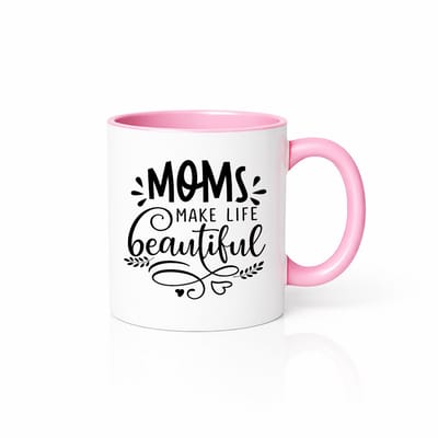 Moms Make Life Beautiful Mok - Wit Keramiek met Zachtroze Oor en Binnenkant - Liefdevol Cadeau voor Mama