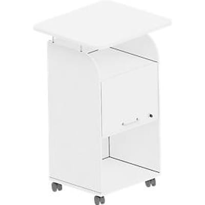 BEXXSTAR mobiele sokkel, 2 legborden, 1 afsluitbaar vak met handgreep, bovenblad, zwenkwielen, B 700 x D 630 x H 1130 mm, hout, wit