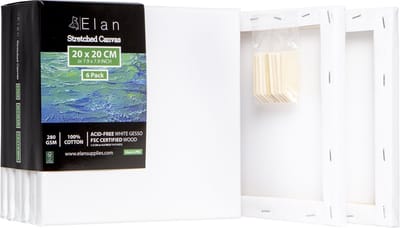 Elan Schildersdoeken 20x20 CM, 6 Stuks Canvasdoeken 20x20 CM, 100% Katoenen Canvas voor Schilderen, Stretched Canvas, Painting Canvas 20x20 CM, Pre Primed Canvas, Schilderdoek 20x20 CM