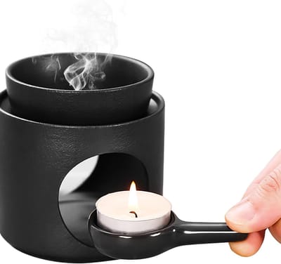 Geurlamp met theelichthouder, geurlamp voor etherische oliën, theelicht van keramiek, geurolie diffuser, was, zwart, H x 11 cm, diameter 10 cm, afneembare schaal