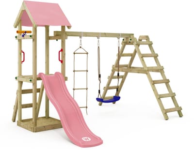 Wickey TinyLoft Speeltoestel - Schommel en Touwladder met Glijbaan - Klimaanbouw & Zandbak - 303x273x220 cm - Pastelroze