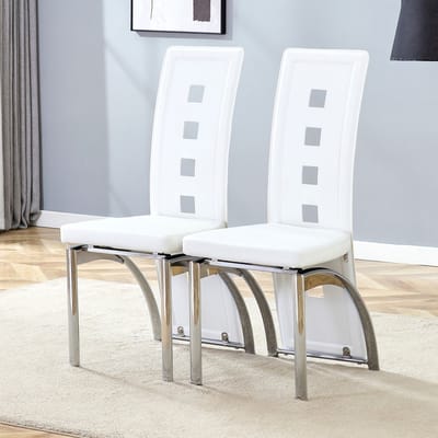 Eetkamerstoelen Set Van 2 - Eetkamerstoel - Eetkamerstoelen - Opengewerkte patronen - Gewatteerde zitting - PU - Metalen stoelpoten - Modern Design - Wit, zilver