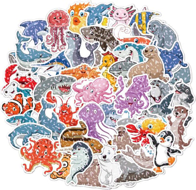 Zeedieren Stickers Glimmend - Dolfijn, Octopus, Walvis, Rog, Zeepaardje etc - Geschikt voor kinderen - Shiny Folie