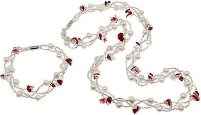 Zoetwaterparel en edelstenen set Twine Pearl Red Agate - parelketting + parel armband - echte parels - magneetslot - agaat - wit - rood - sieraden zakje