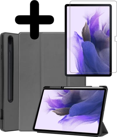 Hoes - Geschikt voor Samsung Galaxy Tab S7 FE - Met Screenprotector - Trifold Bookcase - Hard Cover Case - Met Uitsparing Geschikt voor S Pen - Hardcover Book - Tablet Hoesje - Grijs