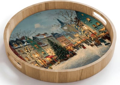 Dienblad rond 40x40 cm - Schootdienblad hout - Kerstsfeer - Stadsplein - Kleurrijk - Borrelplank rechthoek - Plateau houten dienbladen