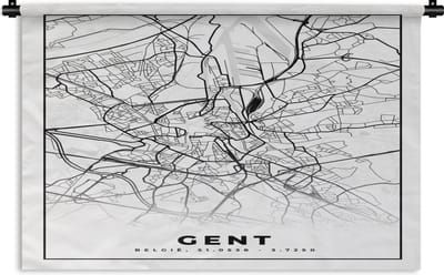 Wandkleed - Wanddoek - Stadskaart – Plattegrond – België – Zwart Wit – Gent – Kaart - 180x120 cm - Wandtapijt