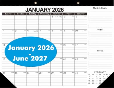 Wandkalender 18 Maanden - Jaarplanner 2025-2026 - Planning en Organisatie - Ruime Schrijfruimte - 16.9 x 12 Inch - Zwart