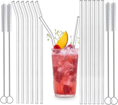16-pack glazen rietjes, milieuvriendelijk, herbruikbaar, helder, met 4 reinigingsborstels, geschikt voor smoothies, milkshakes, thee, sap, vaatwasmachinebestendig (set van 6 recht en gebogen)