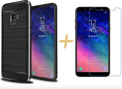 Hoesje geschikt voor Samsung Galaxy A6 (2018) - Geborsteld Siliconen TPU - Zwart Rugged Armor + Screen Protector Tempered Glass - Case van iCall