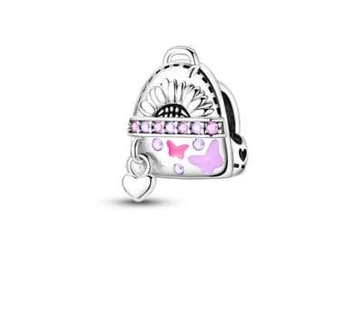 Fler® | Bedel | Past op populaire bedel armbanden (standaard-3mm) | armbandbedel | Kindertas | Rugzak voor kinderen | kerstcadeau | begin schooljaar| Schooltas | HangBedel Charm | 925 | Naar school | Emaille roze | Zirkonia roze | Cadeau |