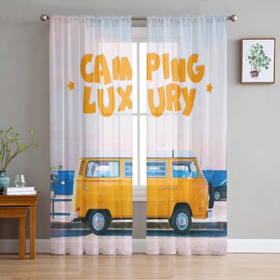 Camper Zomer Transparant Gordijn voor Woonkamer Hal Muur Aankleden Huis Raambenodigdheden Pop Print Tule Gordijnen 135W x 114H(cm) white