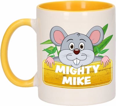 Koffie mok - Mighty Mike muizenprint - geel wit - 300 ml - keramiek - kinder mok