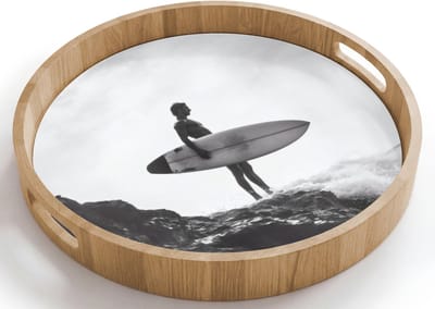 Dienblad rond 40x40 cm - Schootdienblad hout - Surfer - Rots - Oceaan - Golven - Borrelplank rechthoek - Plateau houten dienbladen