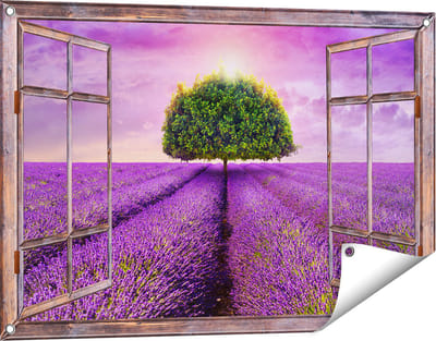 Gards Tuinposter Doorkijk Groene Boom in de Lavendel Bloemen - 90x60 cm - Tuindoek - Tuindecoratie - Wanddecoratie buiten - Tuinschilderij