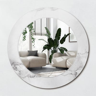Wallfluent Bedrukte Ronde Spiegel - Ronde Spiegel Met Bedrukte Lijst Wit Marmer - 50 cm / 36 cm - Wit - Wit Ronde Spiegel Met Decoratie - Woonkamerspiegel - Inloopkastspiegel - Hal - Eenvoudige installatie