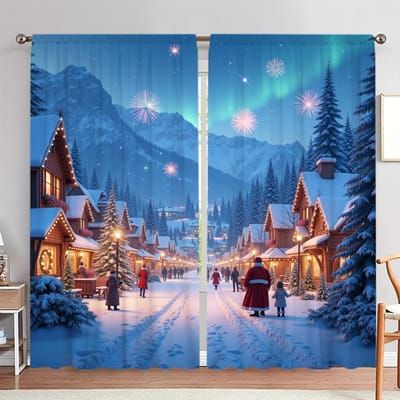 2 stuks Kerst Sneeuwlandschap Bedrukte Gordijn voor Kerst Huisdecoratie - Stangzak Raambekleding voor Slaapkamer, Kantoor, Keuken 52.5cmX116cm X 2pcs gray