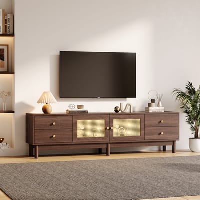 STILVORA TV-meubel 1,8 m met 2 Rattan-deuren en 4 lades - Kabelmanagement systeem en hydraulische scharnieren - Voor 80-Zoll televisie - 180x35x44 cm - Hout - Bruin