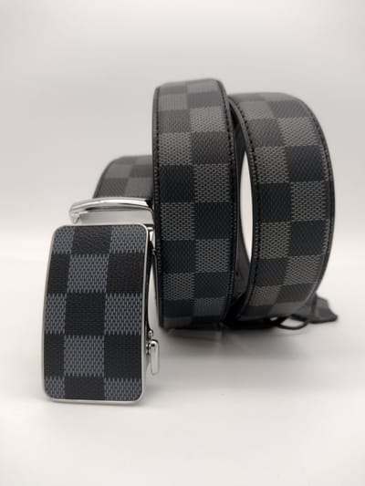 RR22-90.s.130 : Damier zwart/grijs gecoate canvas om leder riem met automatische zilverkleurige buckle, 130 cm