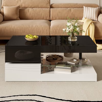 MODFU Moderne salontafel met LED-verlichting, glasplank en hoogglans oppervlak, zwart-wit design, 90x45x35,5 cm