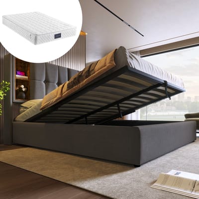 DESMIU Gestoffeerd Bed 140x200 cm – Draadloos Opladen En USB-C – Opklapbare Lattenbodem Met Opbergruimte – Voor Tweepersoons Slaapkamer – Katoen – Grijs – Met Matras