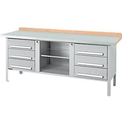 Box-type werkbank Schäfer Shop Select PW 200-2, beuken multiplex blad, met stalen afdekking, tot 750 kg, B 2000 x D 700 x H 840 mm, blank aluminium