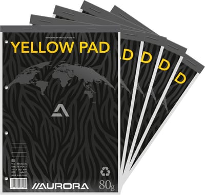 Aurora Yellow Pad - Notitieblok - Recycled - Geel - A4 - 210 mm x 297 mm - 80 g - 80 vel - 5 Stuks
