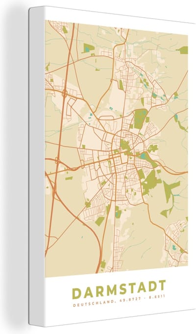 Canvas Schilderij Darmstadt - Plattegrond - Kaart - Vintage - Stadskaart - 20x30 cm - Wanddecoratie