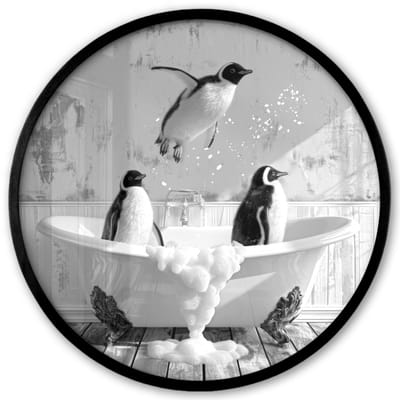Poster in lijst Rond - Fotolijst 40x40 cm - Posters - Pinguïns - Vintage - Dieren - Zwart - Wit - Ronde posterlijst zwart - Decoratie - Wanddecoratie woonkamer - Muurdecoratie slaapkamer