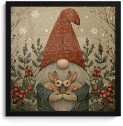 Poster in lijst - Fotolijst 40x40 cm - Posters - Kerstgnome - Konijntjes - Kleurrijk - Posterlijst zwart - Decoratie - Wanddecoratie woonkamer - Muurdecoratie slaapkamer - Kerstversiering - Kerstdecoratie voor binnen - Kerstmis