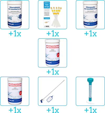 Zwembad Onderhoudspakket - Onderhoud Zwembad - bevat Chloor - Testrips - Chloor - PH-min - PH-plus - Schoonmaakset en Thermometer (7-delig)