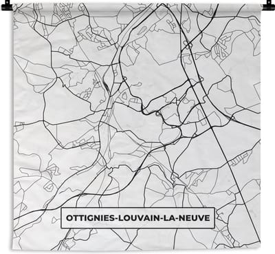 Wandkleed - Wanddoek - Stadskaart – Plattegrond – België – Zwart Wit – Ottignies Louvain la Neuve – Kaart - 180x180 cm - Wandtapijt